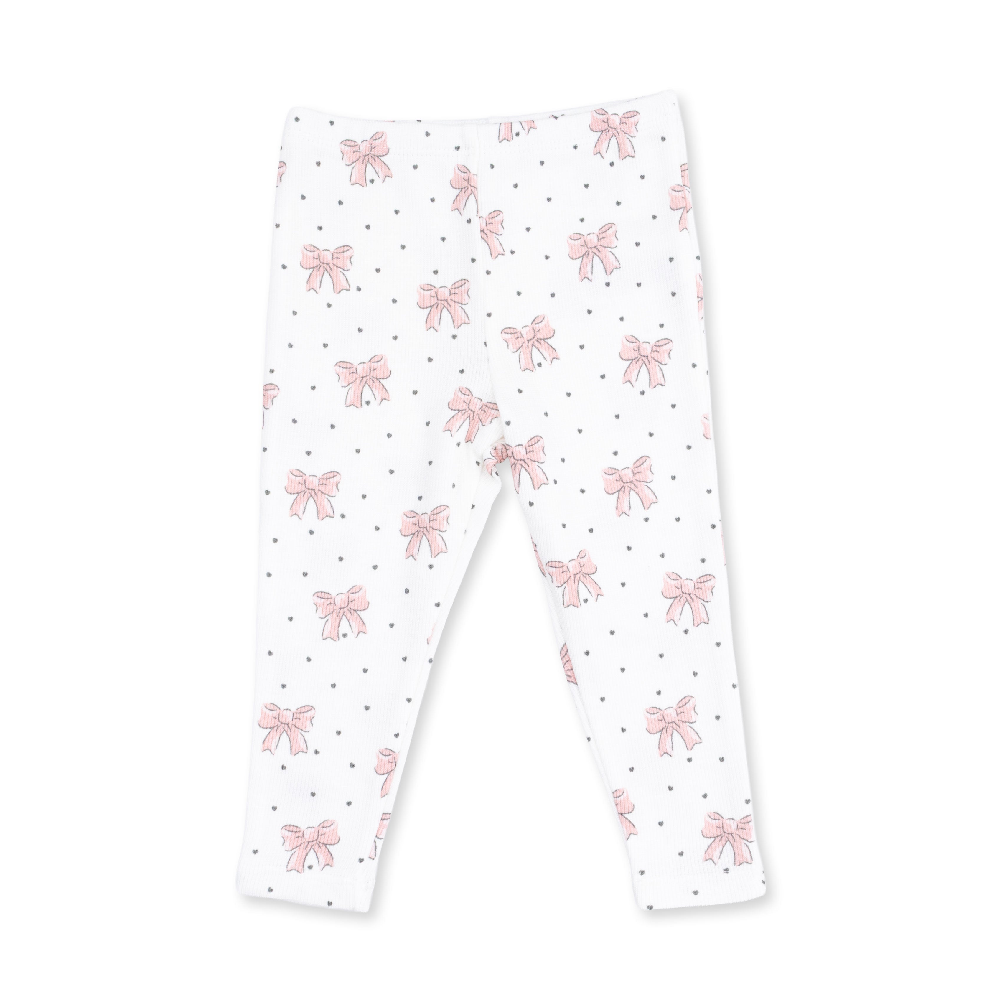 White leggings with an all-over print of pink bows and small gray polka dots, shown flat against a white background.