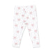 White leggings with an all-over print of pink bows and small gray polka dots, shown flat against a white background.