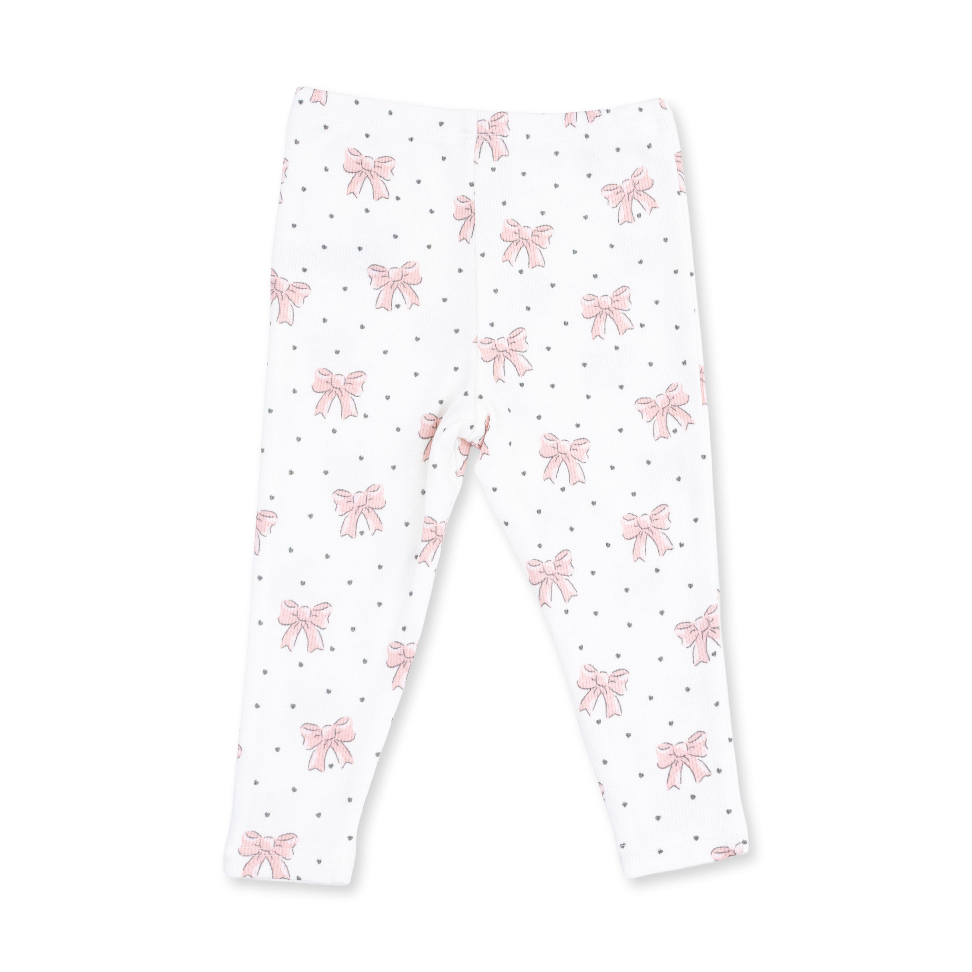 White leggings for toddlers featuring an all-over print of pink bows and small gray polka dots.