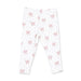 White leggings for toddlers featuring an all-over print of pink bows and small gray polka dots.