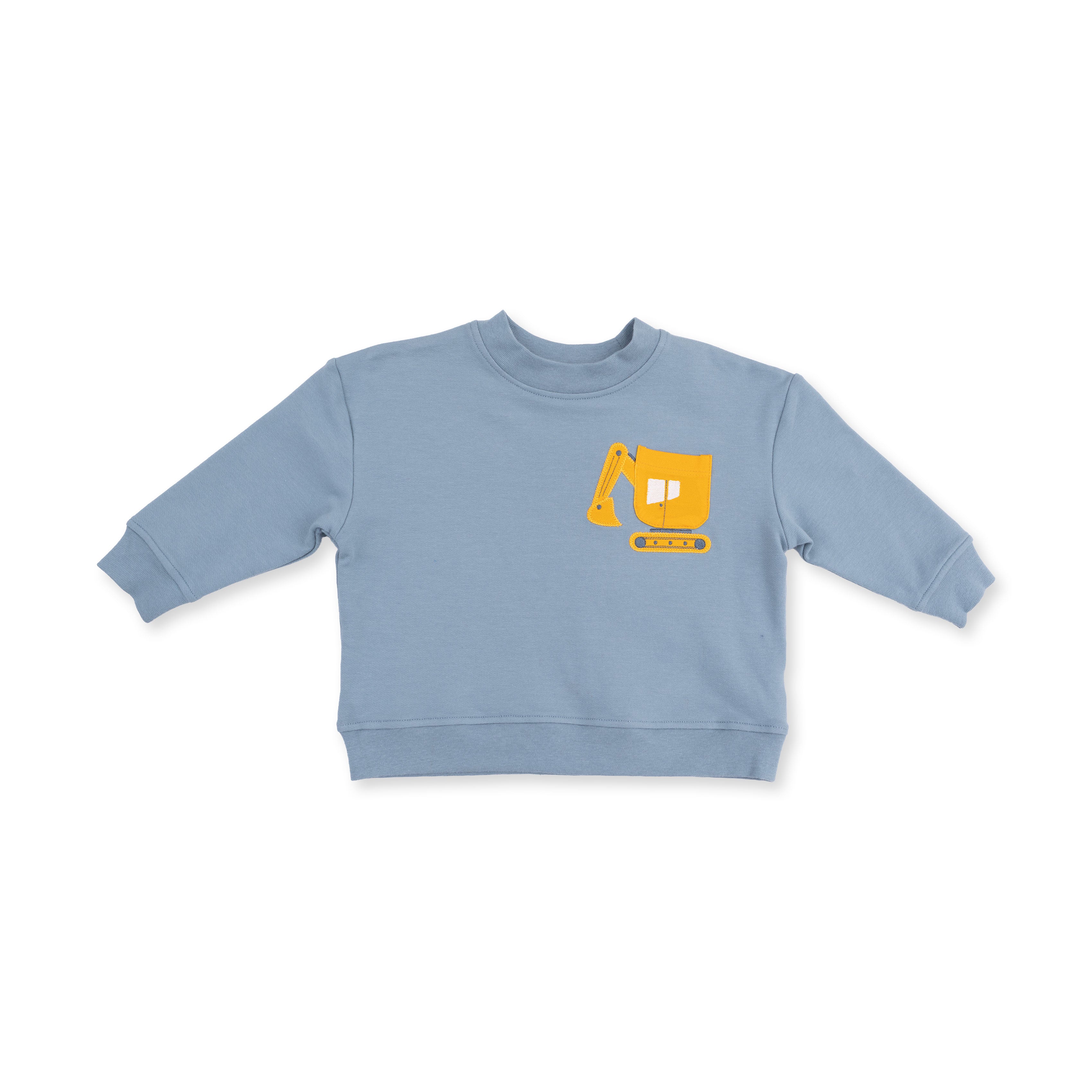 Blue children's sweatshirt with a yellow excavator logo on a white background