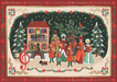 Rifle Paper Co. Christmas carol puzzle illustration showing children singing beside a decorated house with snowy trees in a festive vintage border