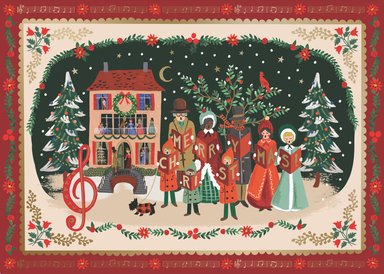 Rifle Paper Co. Christmas carol puzzle illustration showing children singing beside a decorated house with snowy trees in a festive vintage border