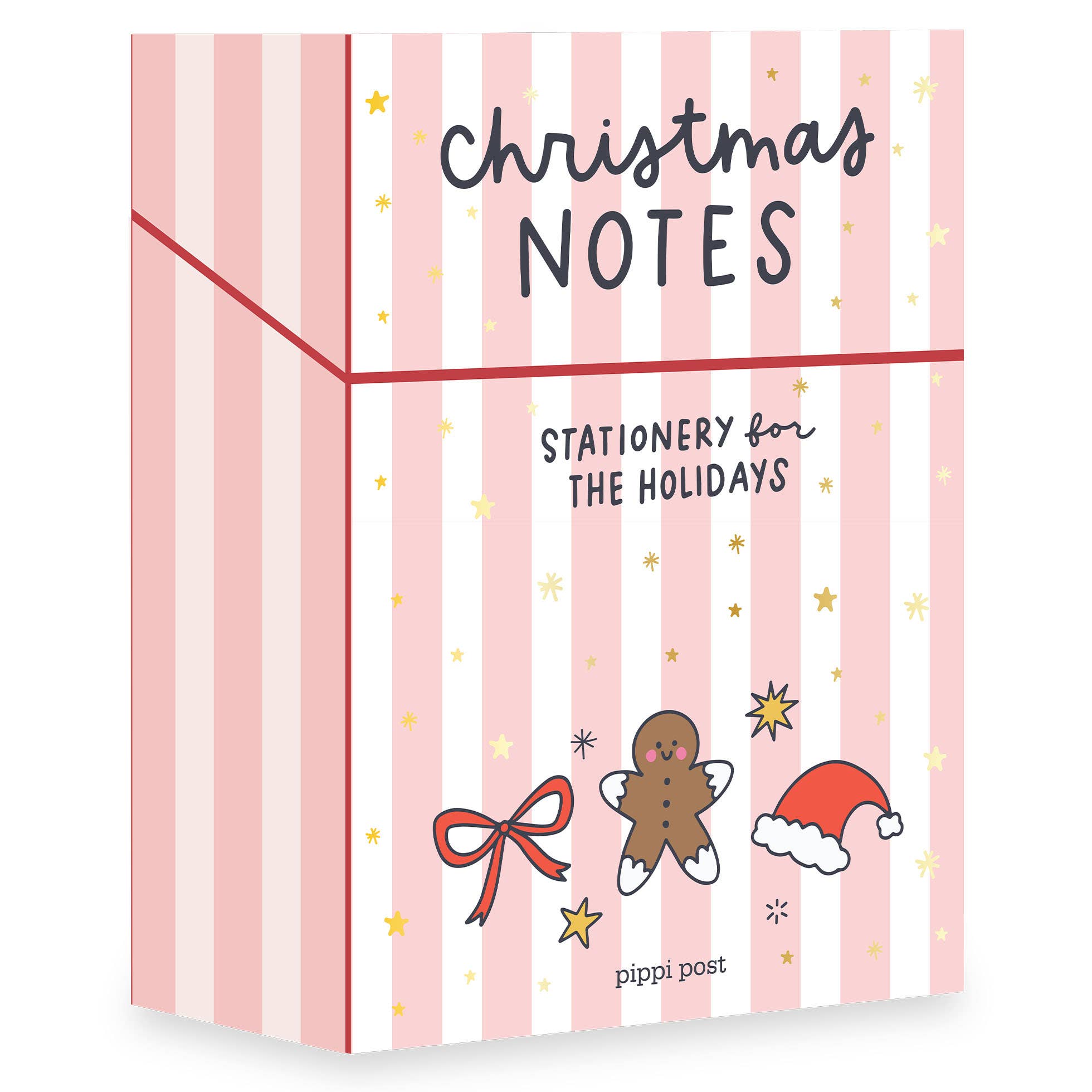Pink and white striped Christmas notes boxed stationery set with gingerbread cookie Santa hat and bow illustrations by Pippi Post for holiday stationery aficionados