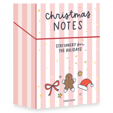 Pink and white striped Christmas notes boxed stationery set with gingerbread cookie Santa hat and bow illustrations by Pippi Post for holiday stationery aficionados