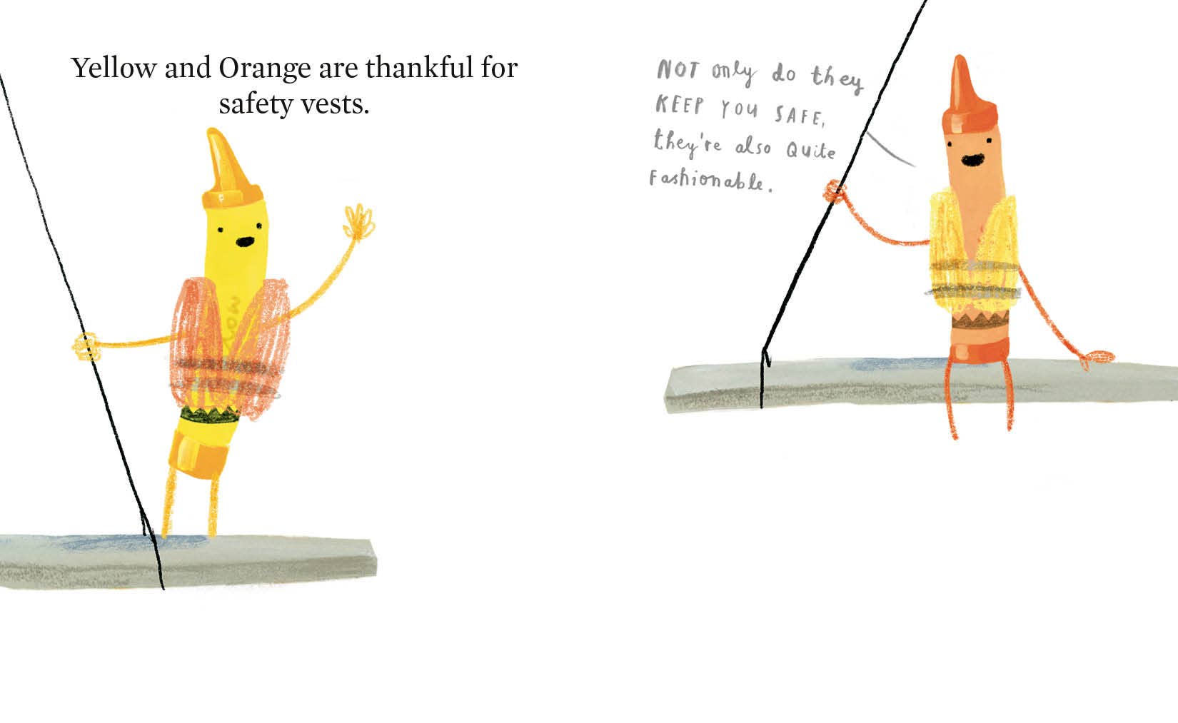 Cartoon characters in yellow and orange safety vests on a white background with text.