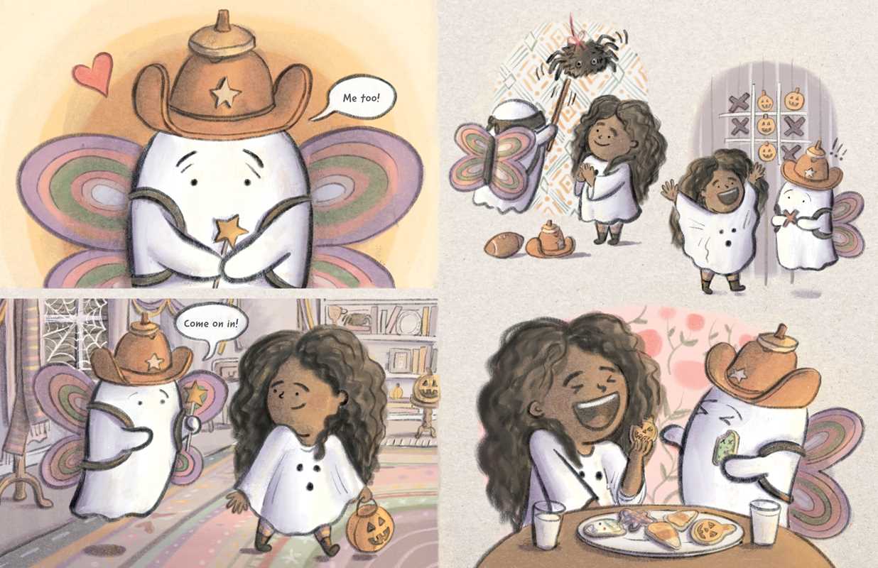 Cartoon character in a cowboy hat interacting with a girl in a series of panels.