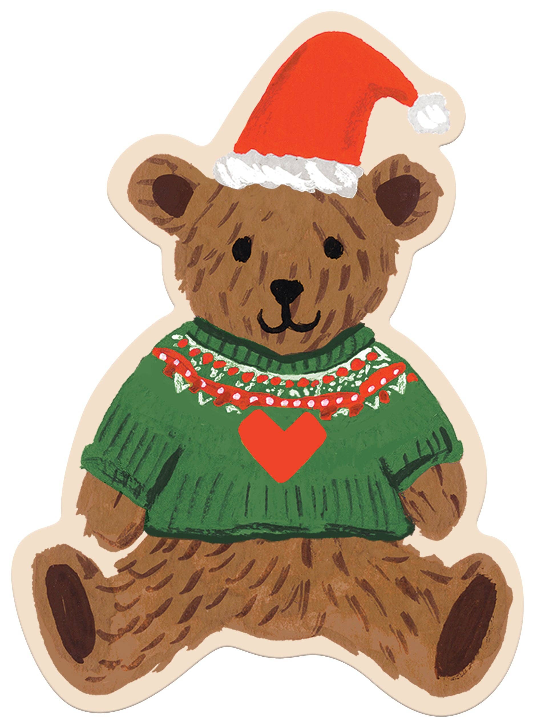 Rifle Paper Co. mini jigsaw puzzle featuring a brown bear in a red Santa hat and green holiday sweater with a bright red heart detail