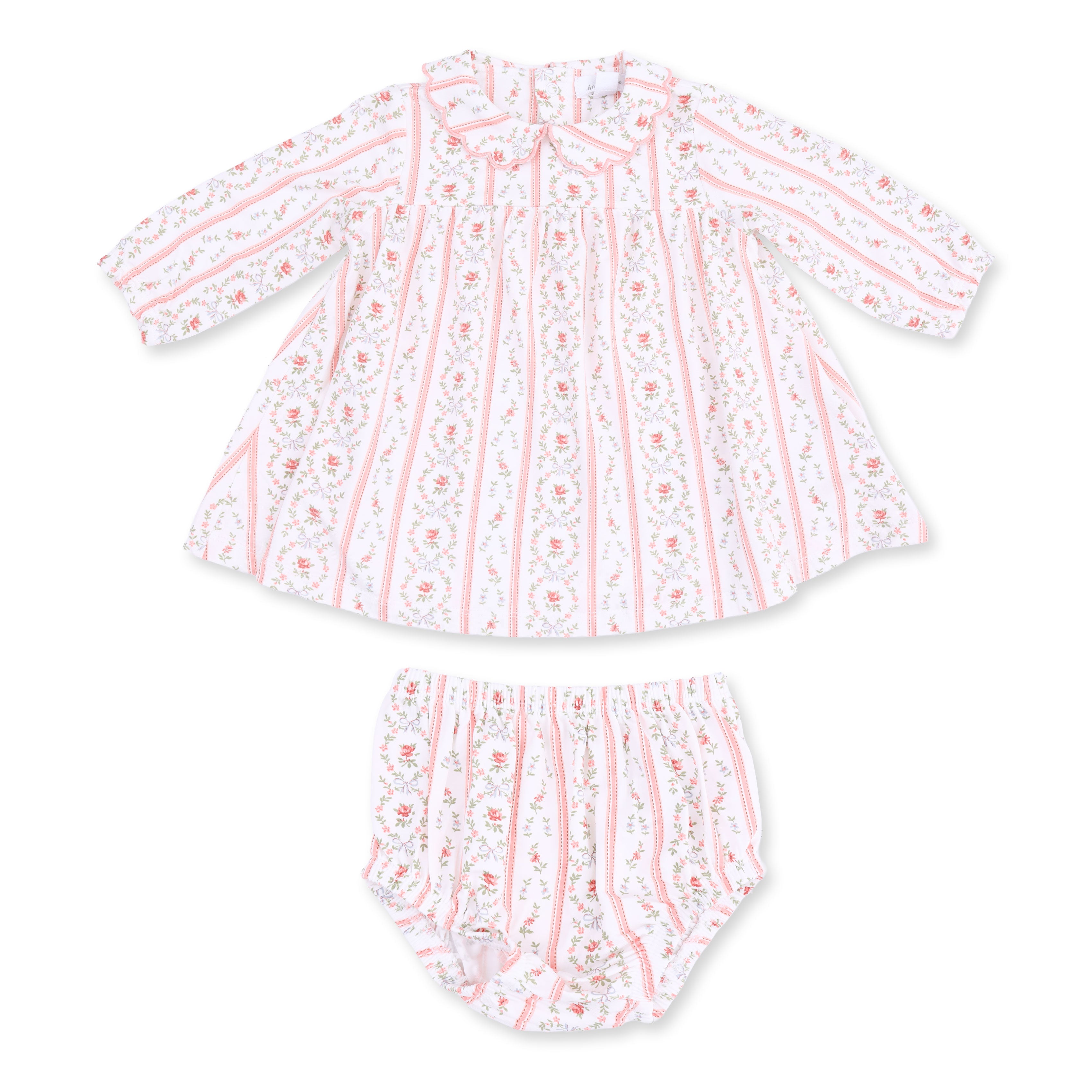 A two-piece baby outfit set featuring a long-sleeve dress and matching bloomers. The set has a white base with vertical pink stripes and a delicate pink floral pattern.