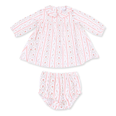 A two-piece baby outfit set featuring a long-sleeve dress and matching bloomers. The set has a white base with vertical pink stripes and a delicate pink floral pattern.
