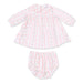 A two-piece baby outfit set featuring a long-sleeve dress and matching bloomers. The set has a white base with vertical pink stripes and a delicate pink floral pattern.