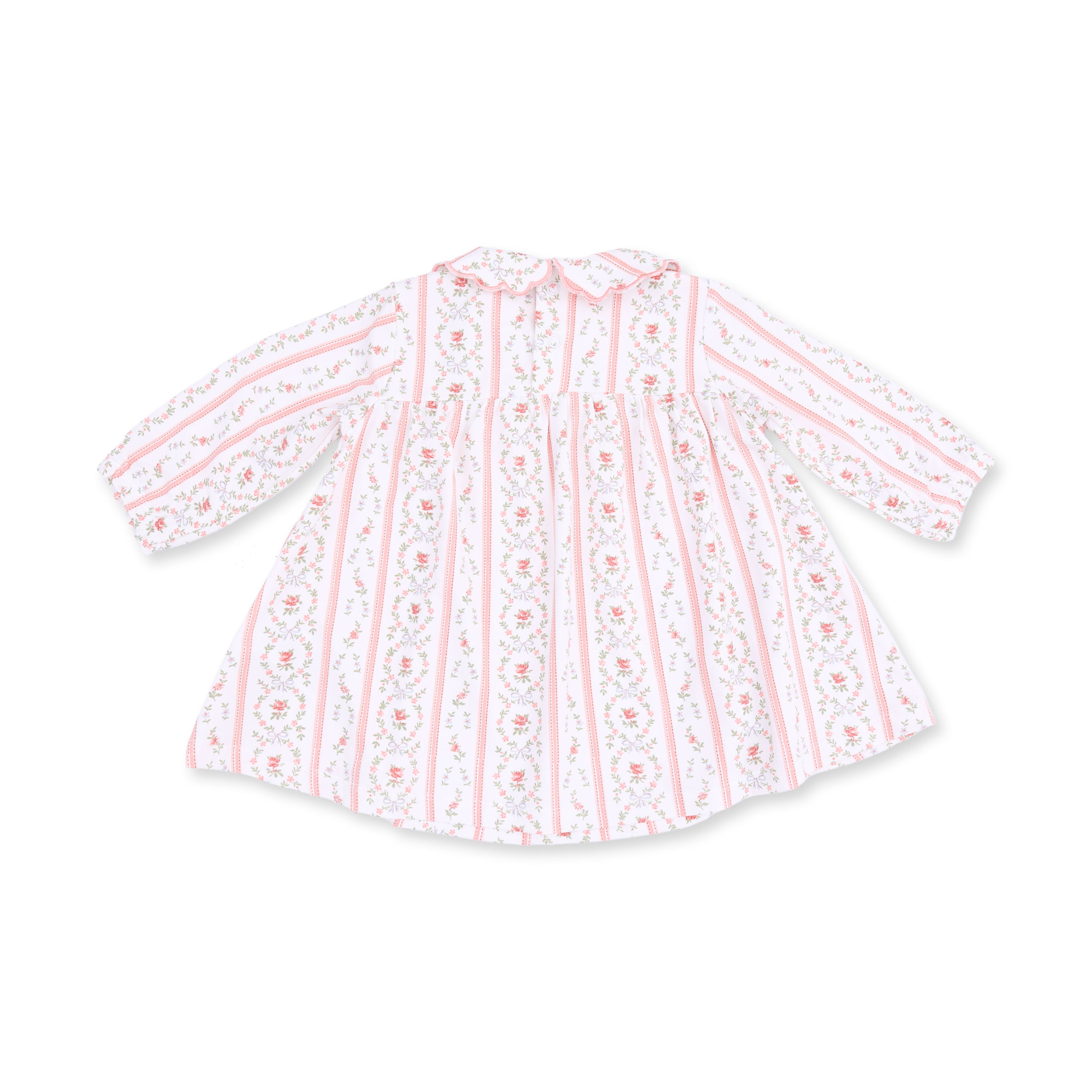 A long-sleeve baby dress with vertical pink and white stripes and a delicate floral pattern, shown on a plain white background.