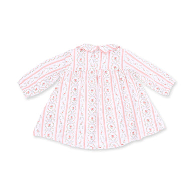 A long-sleeve baby dress with vertical pink and white stripes and a delicate floral pattern, shown on a plain white background.