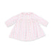 A long-sleeve baby dress with vertical pink and white stripes and a delicate floral pattern, shown on a plain white background.