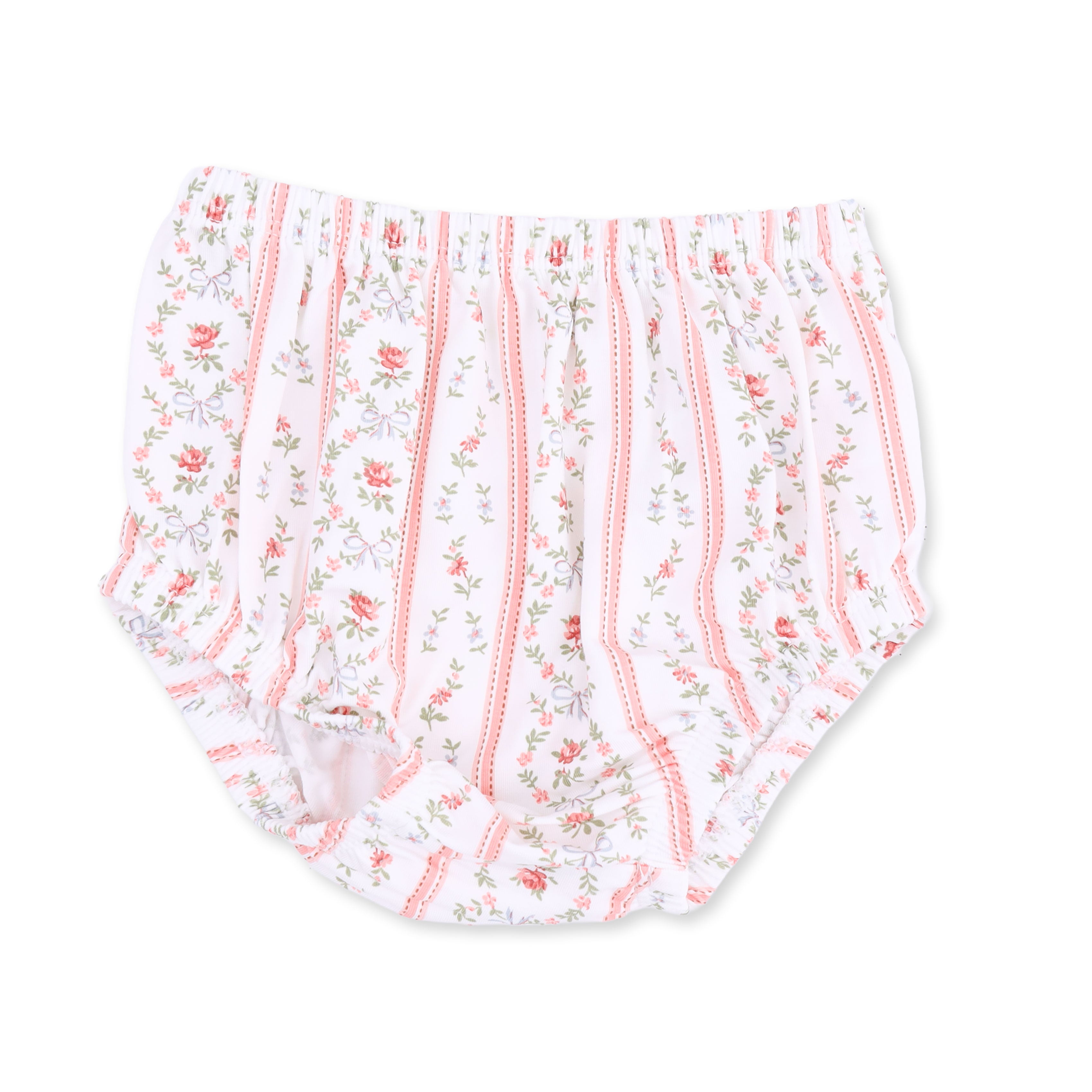 White bloomers with vertical pink stripes and a delicate pink floral print, shown flat on a white background.