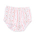 White bloomers with vertical pink stripes and a delicate pink floral print, shown flat on a white background.