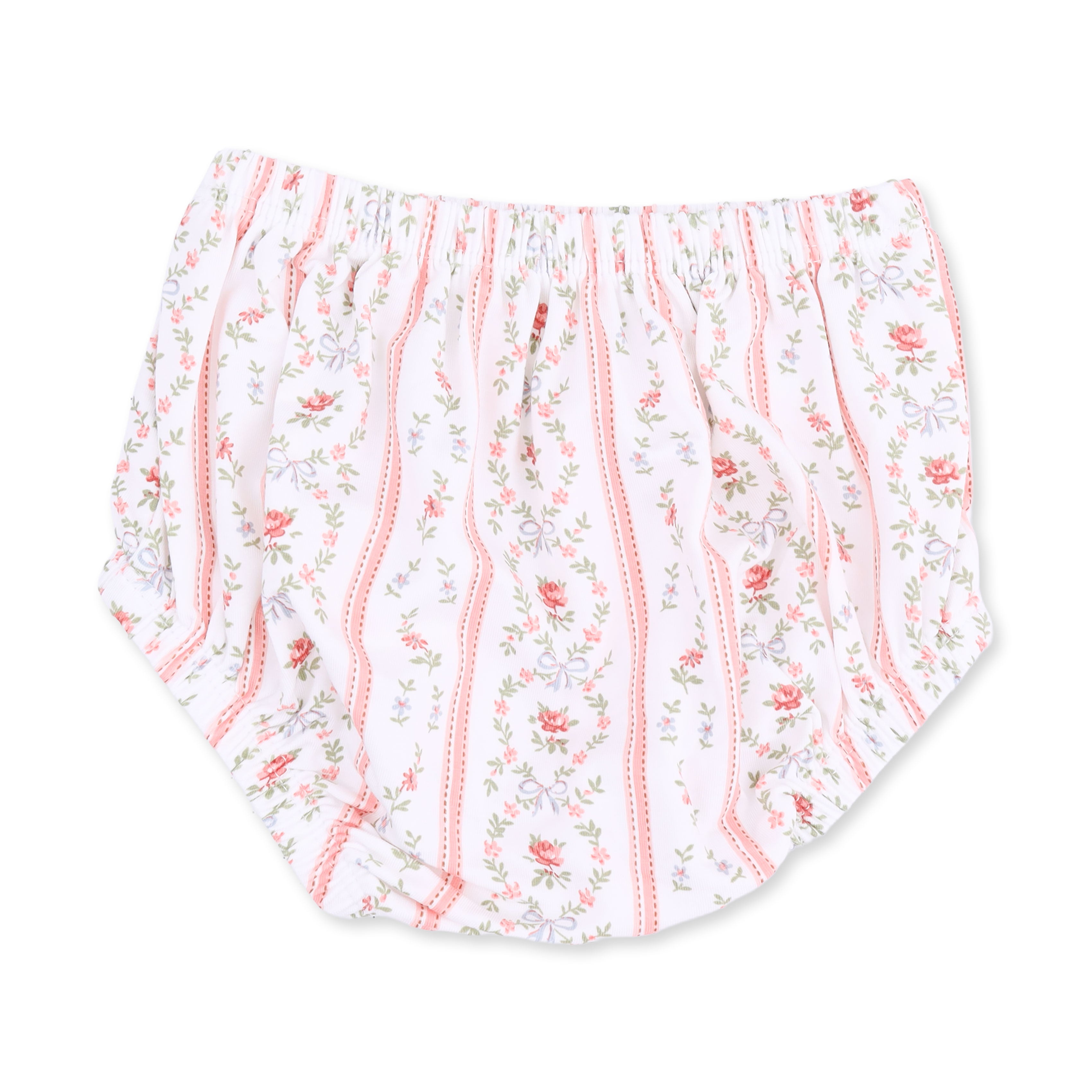 White bloomers with a delicate pink and green floral pattern and vertical pink dotted stripes, shown flat on a white background.