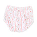 White bloomers with a delicate pink and green floral pattern and vertical pink dotted stripes, shown flat on a white background.