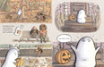 A four-panel illustrated comic-style page showing a white ghost character in an autumn outdoor scene, sitting on a bench with children, and standing on porch steps next to a carved pumpkin. Small text appears in the corners, but the main content is the drawing itself.