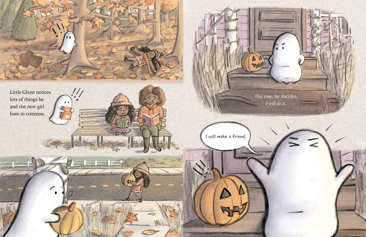 A four-panel illustrated comic-style page showing a white ghost character in an autumn outdoor scene, sitting on a bench with children, and standing on porch steps next to a carved pumpkin. Small text appears in the corners, but the main content is the drawing itself.