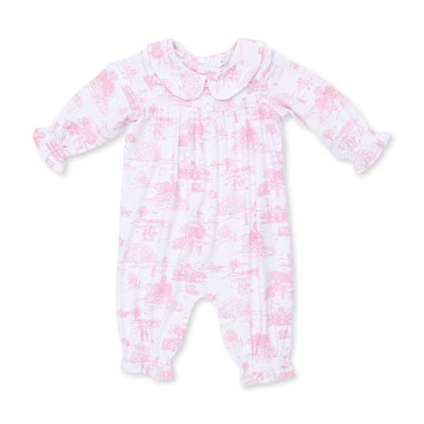 Pink and white toile baby onesie on a white background