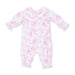 Pink and white toile baby onesie on a white background
