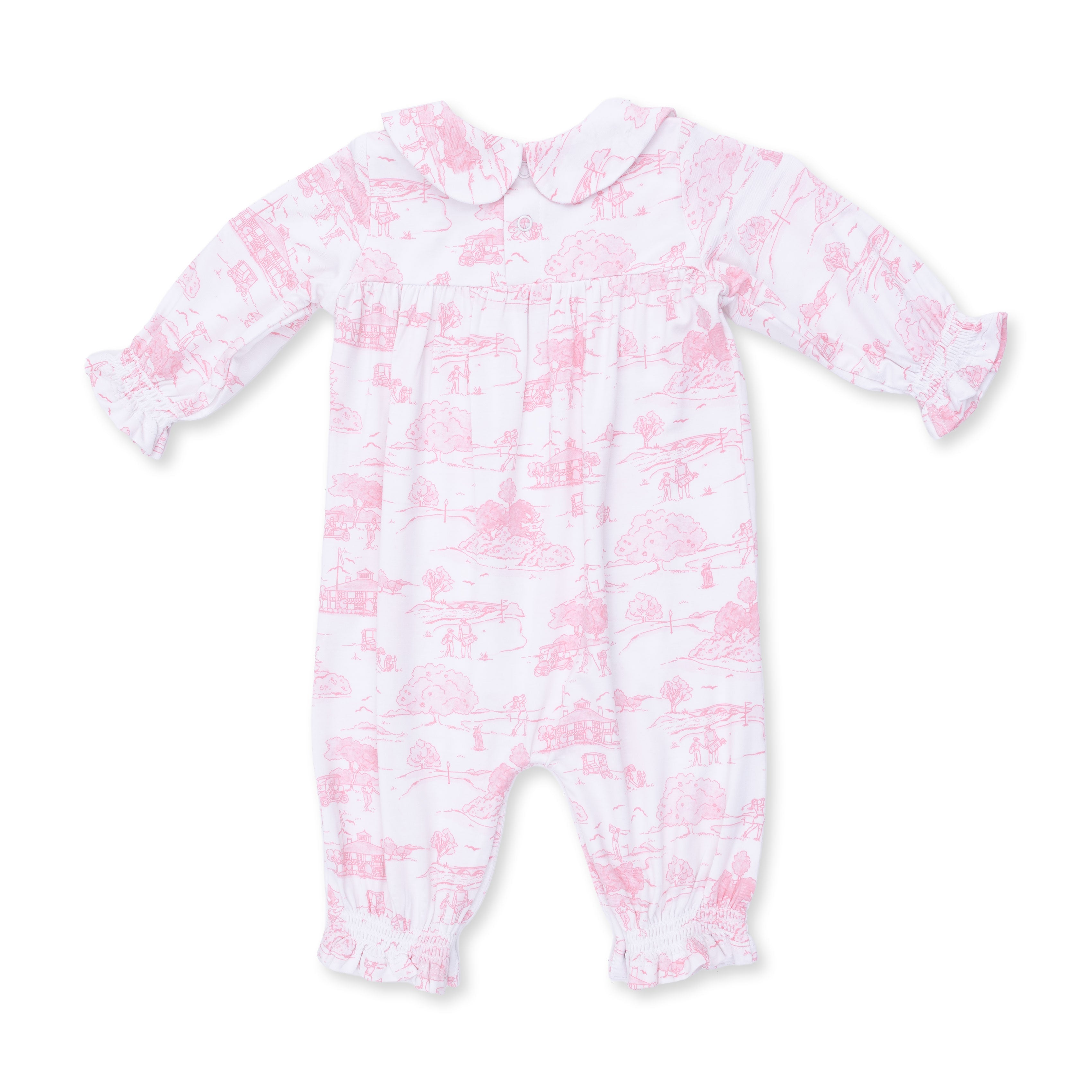 Baby onesie with pink toile pattern on a white background