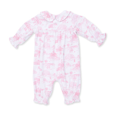 Baby onesie with pink toile pattern on a white background