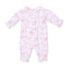 Baby onesie with pink toile pattern on a white background