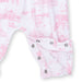 Baby romper with pink and white toile pattern on a white background