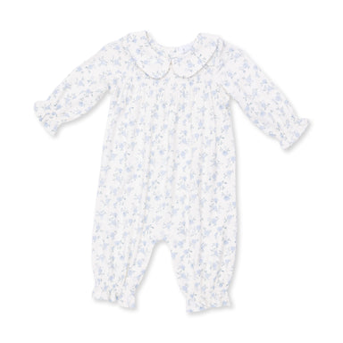 White baby onesie with blue floral pattern on a white background
