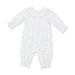 White baby onesie with blue floral pattern on a white background