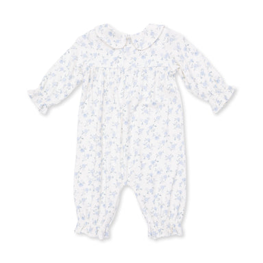 White baby onesie with blue floral pattern on a white background