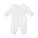 White baby onesie with blue floral pattern on a white background