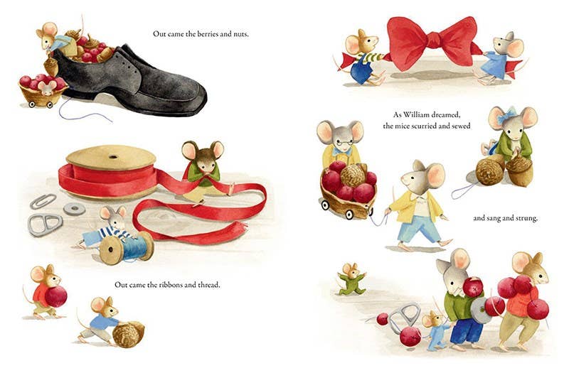 Illustrated Christmas storybook page showing a mouse family decorating with ribbons bows ornaments berries and gifts from Hachette Book Group