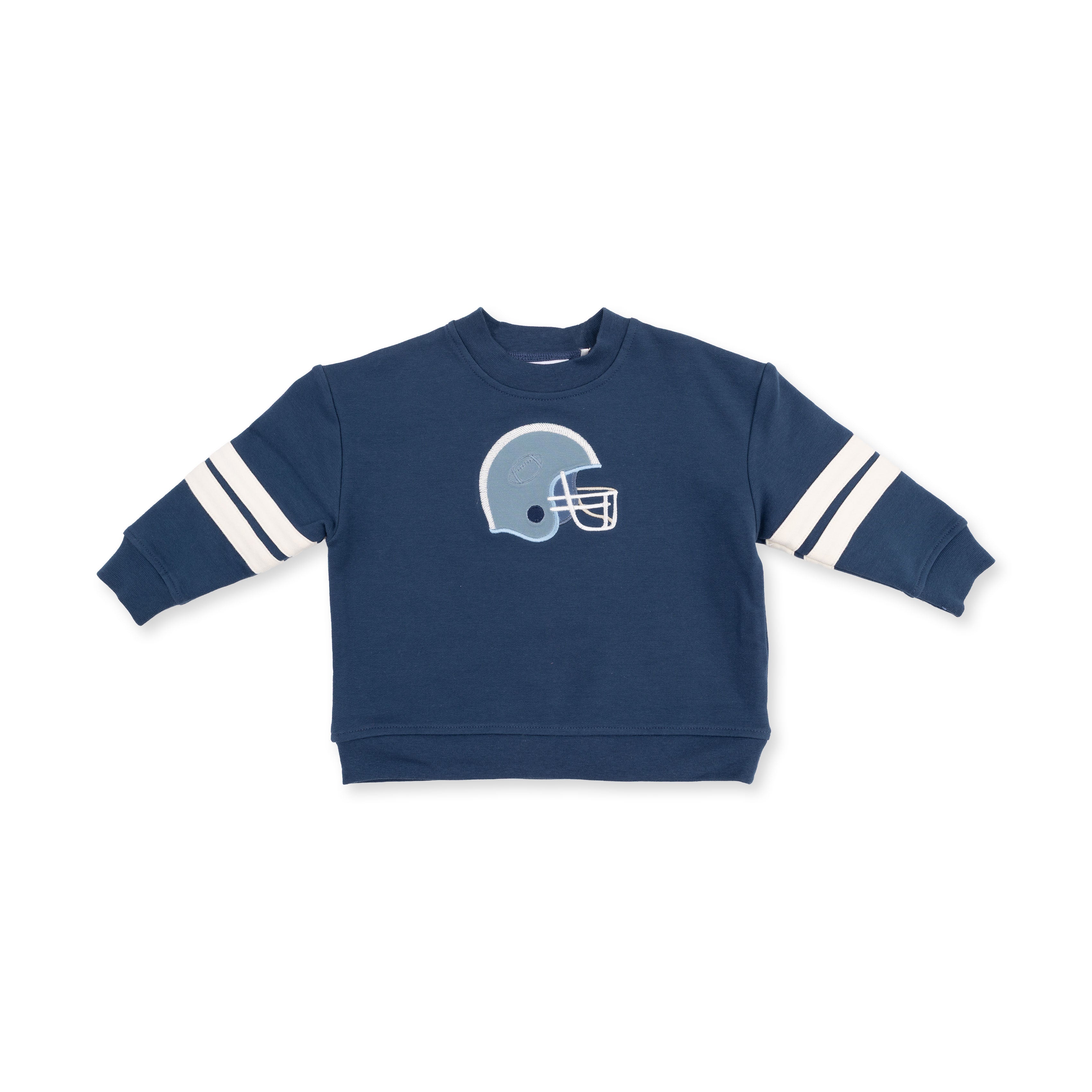 A navy blue long-sleeve sweatshirt for toddlers, featuring a light blue and white football helmet graphic on the chest and white stripes on the sleeves, shown flat on a white background.