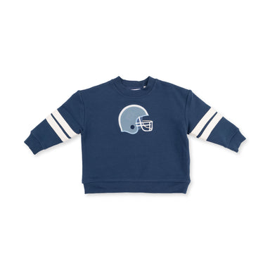 A navy blue long-sleeve sweatshirt for toddlers, featuring a light blue and white football helmet graphic on the chest and white stripes on the sleeves, shown flat on a white background.