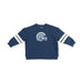 A navy blue long-sleeve sweatshirt for toddlers, featuring a light blue and white football helmet graphic on the chest and white stripes on the sleeves, shown flat on a white background.