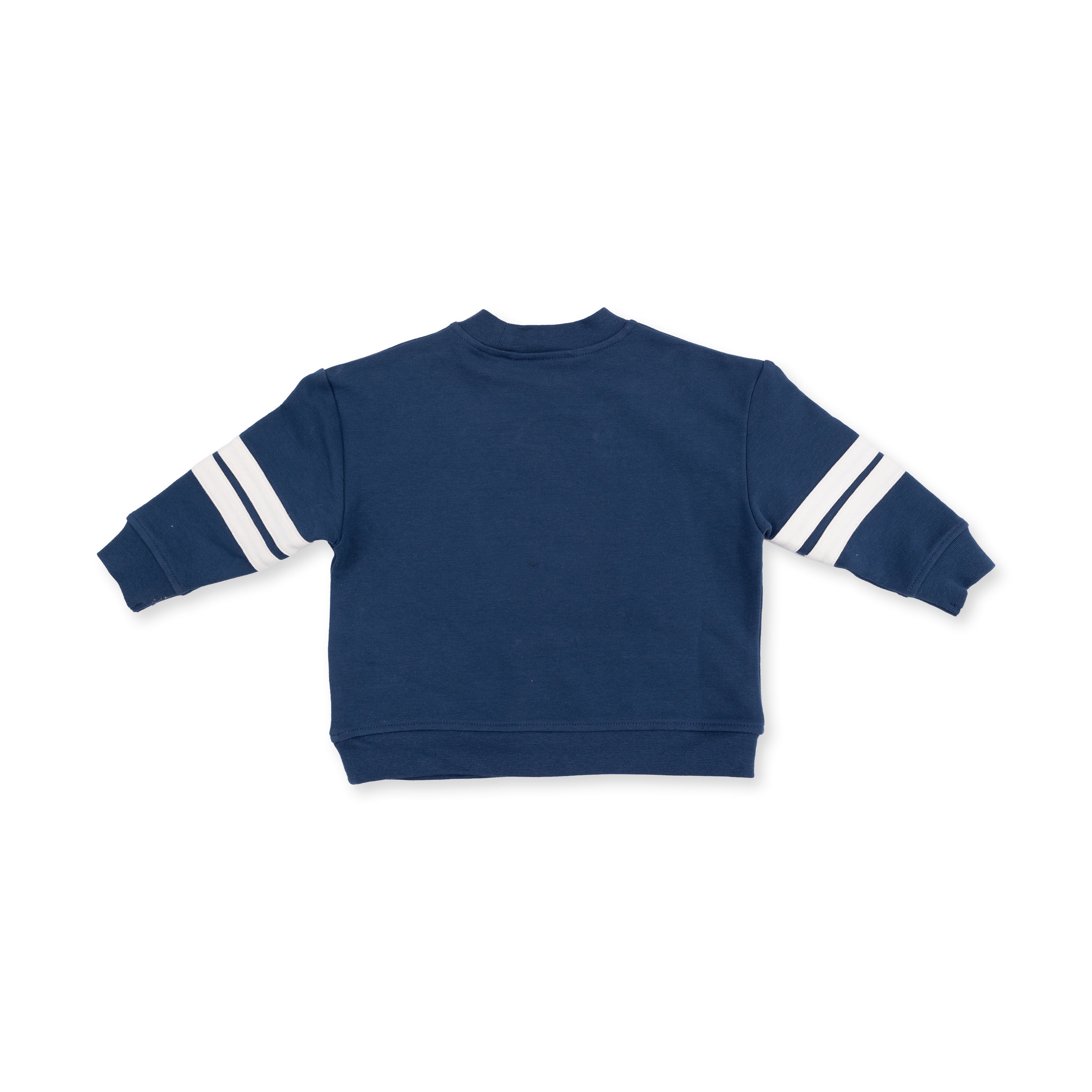 Navy blue sweatshirt with white stripes on sleeves on a white background