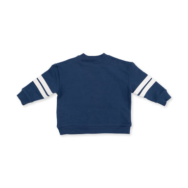 Navy blue sweatshirt with white stripes on sleeves on a white background
