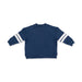 Navy blue sweatshirt with white stripes on sleeves on a white background