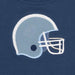 Close-up of a navy blue fabric garment featuring an embroidered football helmet graphic in light blue and white.