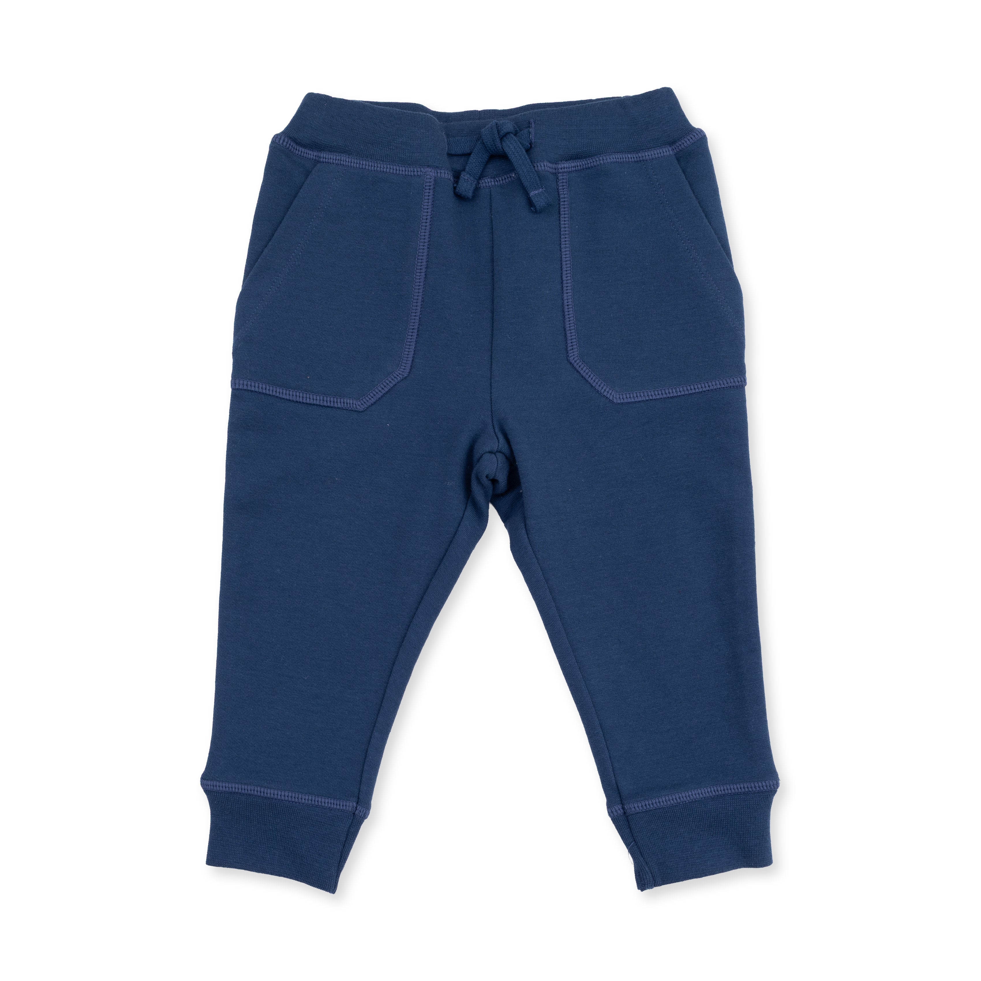 Blue children's jogger pants on a white background