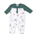 Baby romper with green sleeves and dog and duck pattern on a white background