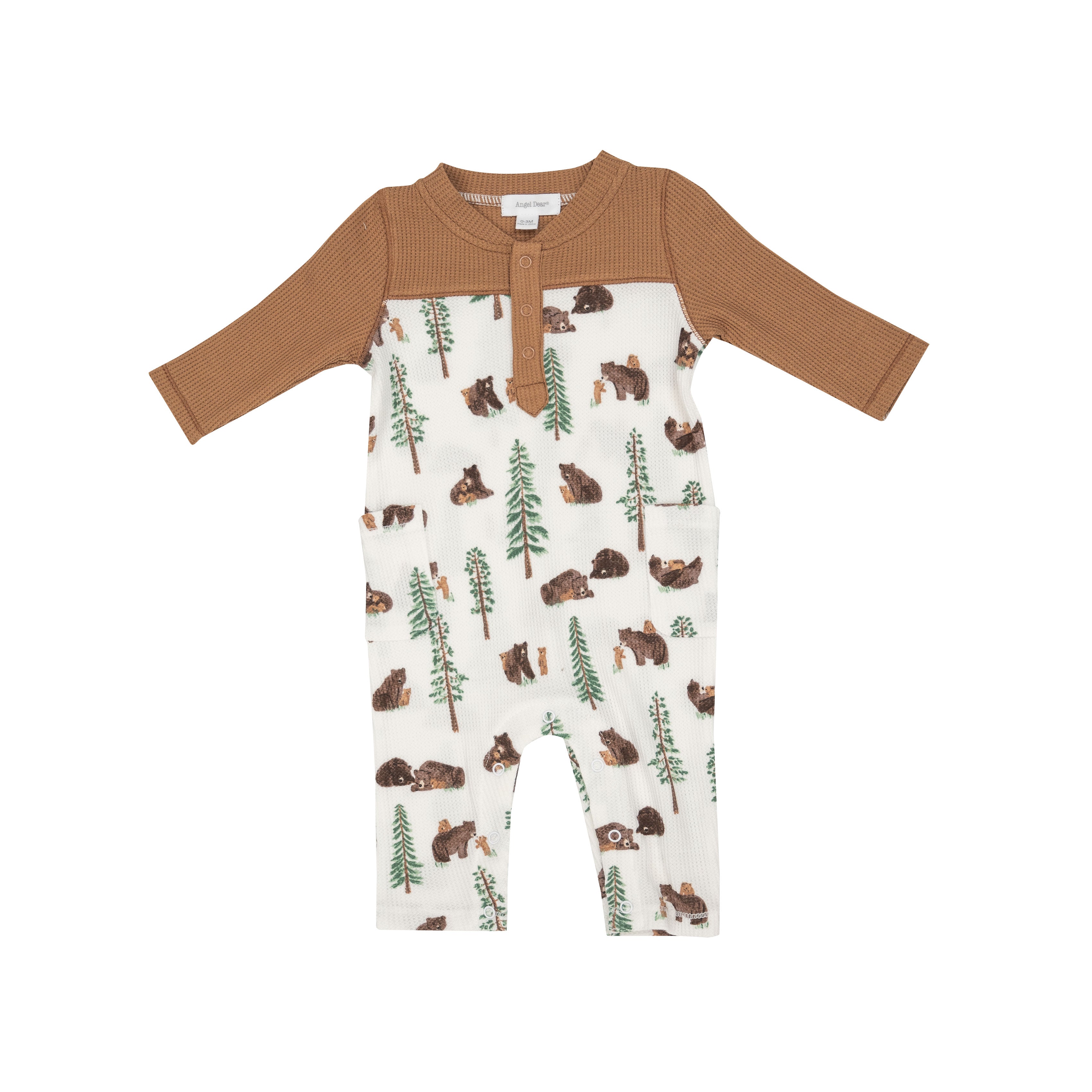 Romper with brown sleeves and collar with a white body with a bear and trees print