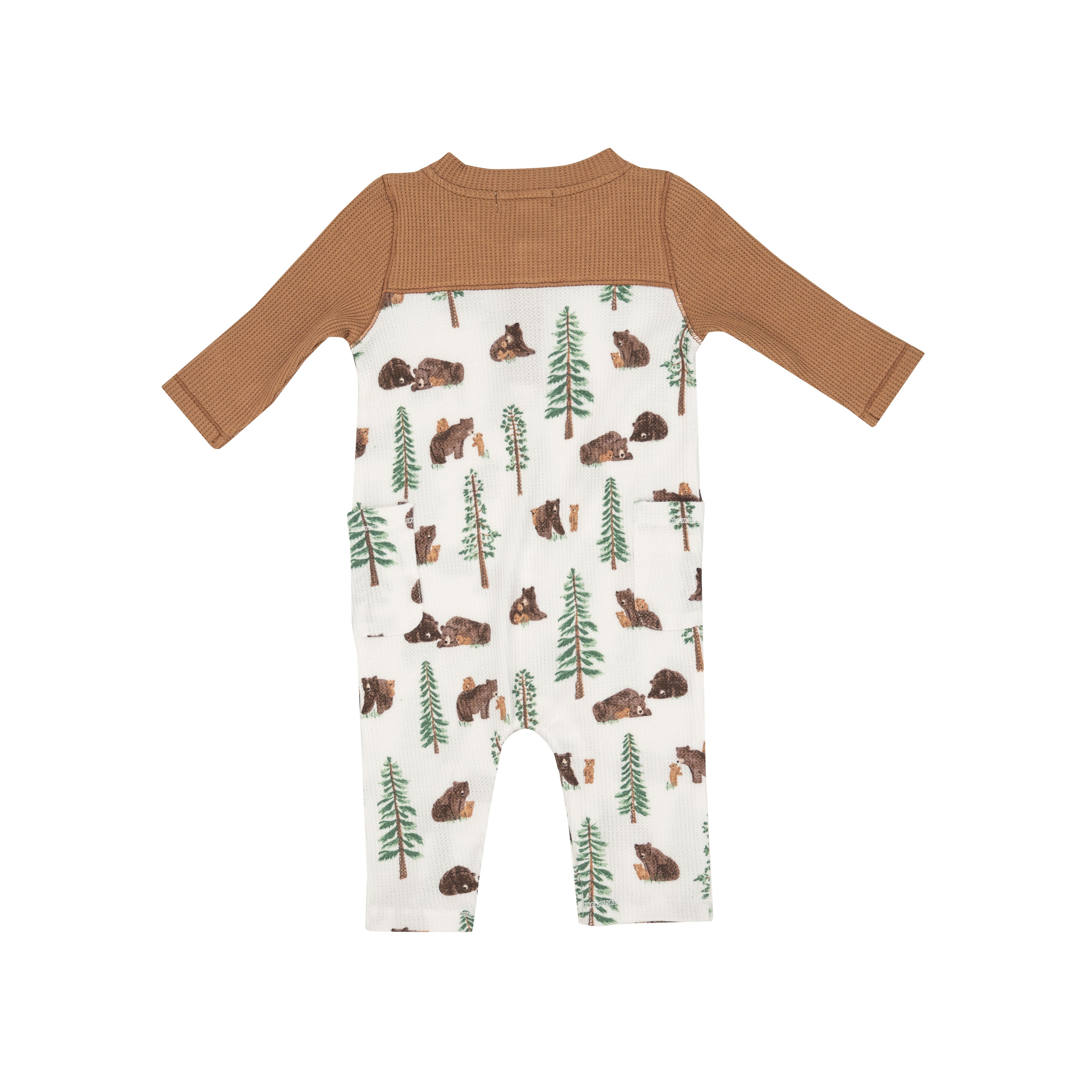 Back of Romper with brown sleeves and collar with a white body with a bear and trees print