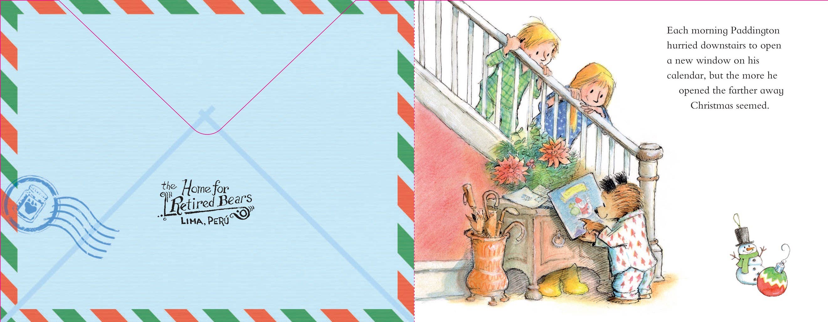 A children's book or booklet spread showing illustrated Christmas-themed scenes: a blue envelope with postage-style markings on the left, and two illustrated children and a teddy bear by a staircase on the right, with text beside them.