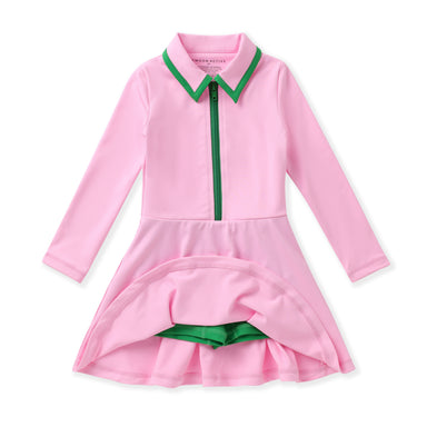 A pink long-sleeve dress with a green collar, green zipper detail, and green built in shorts, displayed on a clean white background.