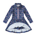 A girls' long-sleeve floral tennis dress with a half-zip front, standing collar, and flared skirt, shown flat against a white background. The exterior has a navy blue base with pink and light blue floral print, while the interior lining is white.