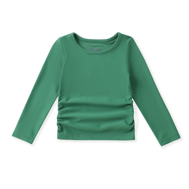 A green long-sleeve top with ruched detailing on the front, laid flat against a white background.